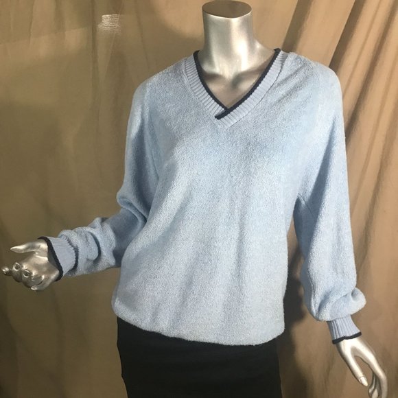 Charming Forge Vintage USA Large Blue V Neck Sweater Ribbed Cuffs and Hem Pullov - Picture 11 of 16